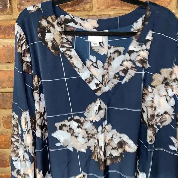 Junarose Navy Blue Floral Long Sleeve V-Neck Blouse Women's Plus Size 22 - Picture 2 of 7